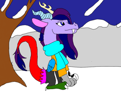 Size: 1024x768 | Tagged: source needed, useless source url, safe, artist:wolfspiritclan, oc, oc only, oc:adean the draconequus, species:draconequus, mountain, night, snow, solo, tree, winter
