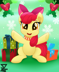 Size: 2400x2945 | Tagged: safe, artist:theretroart88, character:apple bloom, species:earth pony, species:pony, g4, adorabloom, christmas, clothing, colored pupils, cute, female, filly, high res, holiday, holly, looking at you, open mouth, present, scarf, snow, snowflake, solo, theretroart88 is trying to murder us, weapons-grade cute