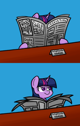 Size: 1000x1568 | Tagged: safe, artist:handgunboi, character:twilight sparkle, species:pony, female, meme, newspaper, ponified meme, reading, solo, tom and jerry
