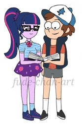 Size: 730x1095 | Tagged: safe, artist:fude-chan-art, character:twilight sparkle, character:twilight sparkle (scitwi), species:eqg human, my little pony:equestria girls, book, crossover, diplight, dipper pines, gravity falls