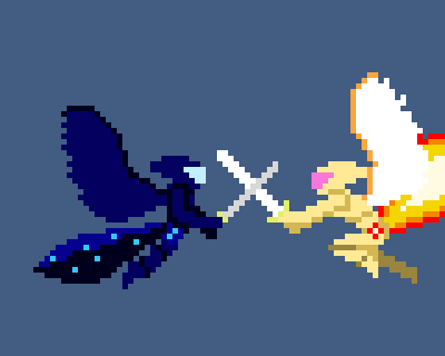 Size: 400x320 | Tagged: safe, artist:derek the metagamer, character:daybreaker, character:nightmare moon, character:princess celestia, character:princess luna, species:pony, 8-bit, animated, armor, bee, female, fight, fire tail, flying, gif, killer queen black, pixel art, queen, sword fight