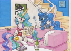 Size: 4620x3290 | Tagged: safe, artist:xeviousgreenii, character:princess celestia, character:princess luna, species:alicorn, species:pony, alternate hairstyle, candy, champagne glass, clothing, ear piercing, earring, female, food, hawaiian shirt, jewelry, lollipop, magic, mare, piercing, ponytail, shirt, stairs, traditional art, wine bottle