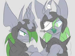 Size: 1600x1200 | Tagged: safe, artist:k_clematis, oc, oc only, oc:clematis, species:pony, armor, bandage, changeling queen, changeling queen oc, duo, green changeling, hair over one eye, helmet, smiling