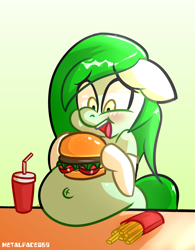 Size: 2340x3000 | Tagged: safe, artist:metalface069, oc, oc only, oc:salad dressing, species:earth pony, species:pony, belly, belly button, big belly, burger, fat, food, gut rest, hamburger, meat, ponies eating meat, ych result