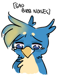 Size: 810x1076 | Tagged: source needed, safe, artist:zigragirl, character:gallus, species:griffon, birb, colored pupils, crying, cute, descriptive noise, gallabetes, looking down, male, sad, simple background, solo, teary eyes, text, traditional art, unhappy, white background