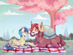 Size: 4000x3000 | Tagged: safe, artist:djkaskan, derpibooru original, character:sandbar, character:yona, species:earth pony, species:pony, species:yak, ship:yonabar, blushing, bow, cloven hooves, cute, date, eye contact, female, floral head wreath, flower, hair bow, holding hooves, interspecies, looking at each other, male, monkey swings, picnic blanket, prone, sandabetes, shipping, straight, tree, yonadorable