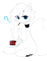 Size: 1000x1300 | Tagged: safe, artist:heddopen, oc, oc only, oc:loulou, species:earth pony, species:pony, chest fluff, cute, ear fluff, female, fluffy tail, food, looking at you, mare, pocky, pure white, simple background, sitting, white background