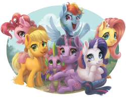 Size: 4134x3200 | Tagged: safe, artist:gor1ck, character:applejack, character:fluttershy, character:pinkie pie, character:rainbow dash, character:rarity, character:spike, character:twilight sparkle, character:twilight sparkle (alicorn), species:alicorn, species:dragon, species:earth pony, species:pegasus, species:pony, species:unicorn, bracelet, end of ponies, female, flower, flower in hair, folded wings, head on hoof, hoof under chin, jewelry, looking at you, mane seven, mane six, mare, open mouth, outdoors, partial background, pillow, prone, simple background, sitting, smiling, spread wings, standing, transparent background, underhoof, unshorn fetlocks, winged spike, wings