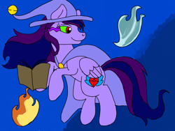 Size: 1024x768 | Tagged: safe, artist:wolfspiritclan, oc, oc:pony adean, oc:stormy nights, species:pegasus, species:pony, cape, clothing, conjuring, fire, hat, levitation, looking back, magic, original character do not steal, sombra eyes, telekinesis, witch hat