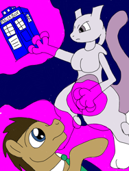 Size: 768x1024 | Tagged: safe, artist:wolfspiritclan, character:doctor whooves, character:time turner, oc, species:earth pony, species:pony, crossover, doctor who, duo, mewtwo, pokémon, tardis, the doctor