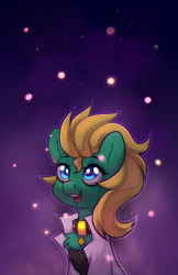 Size: 1292x2000 | Tagged: safe, artist:sugarstar, oc, oc only, oc:professor sugarcube, species:earth pony, species:pony, clothing, collar, firefly, insect, lab coat, night, open mouth, shirt, smiling, solo