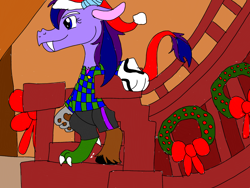 Size: 1024x768 | Tagged: safe, artist:wolfspiritclan, oc, oc:adean the draconequus, oc:stormy nights, self insert, species:draconequus, christmas, christmas decoration, clothing, draconequus form, draconequus oc, draconequussona, hat, hearth's warming, hearts warming eve, holiday, original character do not steal, santa hat, song reference