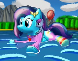 Size: 1006x794 | Tagged: safe, artist:bladedragoon7575, oc, oc only, oc:cirrus updraft, oc:mobian, species:pony, balloon, cute, hug, inflatable, inflatable pony, lake, ponies riding ponies, pool toy, riding, ych result