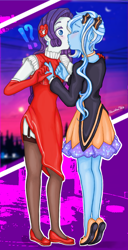 Size: 1216x2375 | Tagged: safe, artist:starwantrix, character:rarity, character:trixie, fanfic:great and powerful darling, my little pony:equestria girls, blushing, bow, clothing, dress, female, gloves, kissing, lesbian, rarixie, shipping, surprise kiss, surprised, tiptoe