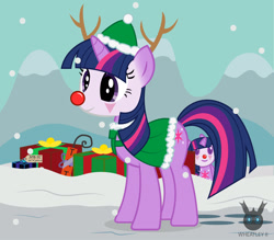 Size: 1418x1241 | Tagged: safe, artist:wheatley r.h., derpibooru original, oc, oc only, oc:twi clown, species:pony, species:unicorn, birthday gift, christmas, clone, clothing, clown makeup, clown nose, dynamite, explosives, gift box, hat, holiday, mountain, original species, plush pony, plushie, rudolph the red nosed reindeer, snow, snowfall, solo, vector, watermark