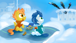 Size: 1536x864 | Tagged: safe, artist:rubrony, character:soarin', character:spitfire, species:pegasus, species:pony, clothing, cloud, cloudsdale, colt, filly, flying, foal, food, hoodie, lunchbox, male, picnic blanket, pie, pointing, scarf, scenery, sitting, uniform, wonderbolts, wonderbolts uniform, younger