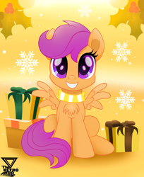 Size: 2400x2945 | Tagged: safe, artist:theretroart88, character:scootaloo, species:pegasus, species:pony, g4, chest fluff, christmas, clothing, colored pupils, cute, cutealoo, female, holiday, looking at you, present, scarf, snow, snowflake, solo, squee, theretroart88 is trying to murder us