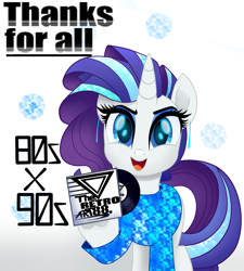 Size: 2500x2777 | Tagged: safe, artist:theretroart88, character:rarity, species:pony, species:unicorn, 80s, alternate hair color, clothing, ear piercing, female, hoof hold, looking at you, piercing, record, sequins, solo