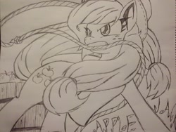Size: 1280x960 | Tagged: safe, artist:petanoprime, character:applejack, species:earth pony, species:pony, clothing, female, freckles, hat, lasso, lineart, mare, mouth hold, rope, solo, text, traditional art