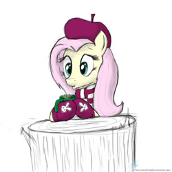 Size: 900x900 | Tagged: safe, artist:rule1of1coldfire, character:fluttershy, beret, breakfast, clothing, cup, female, hat, scarf, sketch, solo, winter clothes