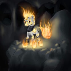 Size: 894x894 | Tagged: safe, artist:rule1of1coldfire, character:zecora, species:zebra, burning, female, fiery mane, fire, rapidash, solo