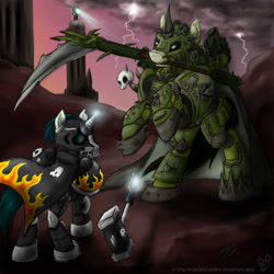 Size: 900x900 | Tagged: safe, artist:rule1of1coldfire, species:pony, armor, battle suit, hammer, ponified, scythe, tifus, warhammer (game), warhammer 40k