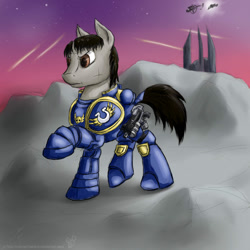 Size: 900x900 | Tagged: safe, artist:rule1of1coldfire, species:pony, armor, battle suit, bolter, gun, ponified, power armor, solo, space marine, titus, ultramarine, warhammer (game), warhammer 40k, weapon