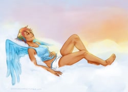 Size: 500x357 | Tagged: safe, artist:scorpiordinance, character:rainbow dash, barefoot, clothing, cloud, cloudy, dark skin, feet, female, humanized, midriff, on back, shorts, sleepy, smiling, solo, spread wings, winged humanization, wings, wink