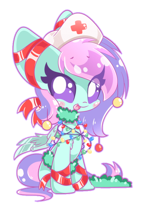 Size: 496x725 | Tagged: safe, artist:hungrysohma, oc, oc:blissy, species:changeling, species:reformed changeling, animated, blushing, christmas, christmas lights, christmas ornament, clothing, decoration, eye clipping through hair, female, gif, hat, holiday, looking at you, nurse hat, ribbon, simple background, sitting, tangled up, tongue out, transparent background