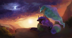 Size: 8189x4323 | Tagged: safe, artist:angusdra, character:princess celestia, character:princess luna, species:alicorn, species:pony, episode:between dark and dawn, g4, my little pony: friendship is magic, absurd resolution, clothing, cloud, crescent moon, duo, eyes closed, female, hawaiian shirt, mare, moon, prone, royal sisters, scene interpretation, shirt, siblings, sisters, sky