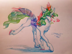 Size: 2828x2121 | Tagged: safe, artist:angusdra, oc, oc only, species:changeling, changeling oc, chest fluff, crown, heart, jewelry, regalia, solo, traditional art, white changeling