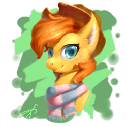 Size: 1000x1000 | Tagged: safe, artist:angusdra, oc, oc only, species:pony, bust, clothing, hat, scarf, simple background, solo, three quarter view, transparent background