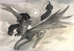 Size: 3125x2142 | Tagged: safe, artist:angusdra, oc, oc only, species:pegasus, species:pony, flying, monochrome, solo, traditional art