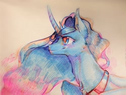 Size: 2498x1892 | Tagged: safe, artist:angusdra, character:princess luna, species:alicorn, species:pony, colored pupils, curved horn, female, fluffy, horn, mare, solo, traditional art