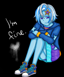 Size: 1007x1205 | Tagged: safe, artist:starwantrix, character:trixie, fanfic:lunchtime therapy, my little pony:equestria girls, alternate hairstyle, blatant lies, clothing, crying, cute, depressed, diatrixes, holes in clothes, hoodie, legs, miniskirt, purple underwear, sad, sadorable, shoes, short hair, skirt, thighs