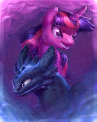 Size: 1024x1280 | Tagged: safe, artist:angusdra, character:twilight sparkle, species:dragon, species:pony, bust, female, how to train your dragon, mare, portrait, toothless the dragon