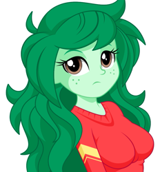 Size: 827x893 | Tagged: safe, artist:rosemile mulberry, character:wallflower blush, my little pony:equestria girls, breasts, busty wallflower blush, clothing, female, freckles, looking at you, simple background, solo, sweater, sweater puppies, white background