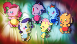 Size: 1050x600 | Tagged: safe, artist:hinoraito, character:applejack, character:fluttershy, character:pinkie pie, character:rainbow dash, character:rarity, character:twilight sparkle, species:pony, g4, babity, baby, baby dash, baby pie, baby ponies, baby pony, babyjack, babylight sparkle, babyshy, cute, diaper, female, filly, foal, mane six, younger