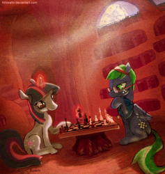 Size: 900x951 | Tagged: safe, artist:hinoraito, character:twilight sparkle, oc, species:pegasus, species:pony, species:unicorn, chess, crepuscular rays, duo, female, glasses, golden oaks library, mare, sitting