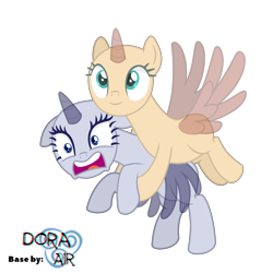 Size: 2000x2089 | Tagged: safe, artist:doraair, oc, oc only, species:alicorn, species:pony, alicorn oc, base, duo, flying, holding a pony, scared, simple background, smiling, transparent background