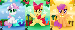 Size: 7200x2945 | Tagged: safe, artist:theretroart88, edit, character:apple bloom, character:scootaloo, character:sweetie belle, species:earth pony, species:pegasus, species:pony, species:unicorn, adorabloom, chest fluff, christmas, clothing, cute, cutealoo, cutie mark crusaders, dawwww, diasweetes, female, filly, gloves, heart, high res, holiday, holly, looking at you, open mouth, present, scarf, sitting, snow, snowflake, squee, theretroart88 is trying to murder us, weapons-grade cute