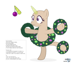 Size: 2500x2213 | Tagged: safe, artist:doraair, oc, oc only, species:pony, species:unicorn, balancing, base, bauble, christmas, christmas wreath, holiday, horn, horn jewelry, jewelry, simple background, solo, text, transparent background, unicorn oc, wide eyes, wreath