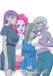 Size: 848x1200 | Tagged: safe, artist:brother-tico, character:limestone pie, character:marble pie, character:maud pie, character:pinkie pie, my little pony:equestria girls, breasts, busty limestone pie, busty marble pie, busty maud pie, busty pinkie pie, clothing, colored pupils, equestria girls-ified, female, geode of sugar bombs, happy, humanized, magical geodes, midriff, pie sisters, siblings, simple background, sisters, smiling, white background