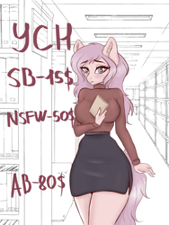 Size: 4000x5322 | Tagged: safe, artist:hierophant_green, species:anthro, species:pony, advertisement, auction, book, bookshelf, clothing, commission, cute, female, library, miniskirt, shy, side slit, skirt, solo, sweater, your character here