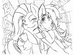 Size: 1035x771 | Tagged: safe, artist:petanoprime, character:fluttershy, character:rainbow dash, species:pegasus, species:pony, ship:flutterdash, blushing, bracelet, female, grin, hug, jewelry, lesbian, lineart, mare, monochrome, one eye closed, shipping, smiling, sunburst background, traditional art, wink