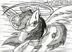 Size: 1049x762 | Tagged: safe, artist:petanoprime, character:daring do, species:pegasus, species:pony, clothing, female, hair over one eye, hat, mare, monochrome, mouth hold, pith helmet, signature, text, traditional art, whip