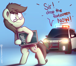 Size: 2028x1750 | Tagged: safe, artist:perezadotarts, oc, oc:paradox, species:earth pony, species:pony, blue background, car, cutie mark, droste effect, flatscreen, glasses, light, male, police, police car, pony (sony), recursion, simple background, solo, stallion, television, text, vehicle