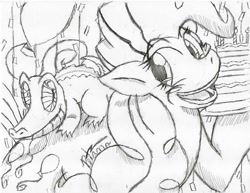 Size: 1018x784 | Tagged: safe, artist:petanoprime, character:gummy, character:pinkie pie, species:earth pony, species:pony, alligator, balloon, cake, duo, female, food, hoof hold, lineart, mare, monochrome, open mouth, signature, smiling, traditional art