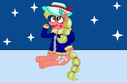 Size: 769x508 | Tagged: safe, artist:drypony198, blushing, clothing, cowboys and equestrians, cute, hat, jacket, mad (tv series), mad magazine, maplejack, night, snow, winter