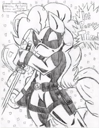 Size: 2550x3293 | Tagged: safe, artist:petanoprime, character:pinkie pie, species:earth pony, species:pony, balloon, clothing, costume, crossover, deadpool, female, hoof hold, mare, monochrome, pinkiepool, solo, speech, sword, traditional art, weapon